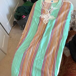 Light Aqua Striped Tunic with Embroidered Neckline